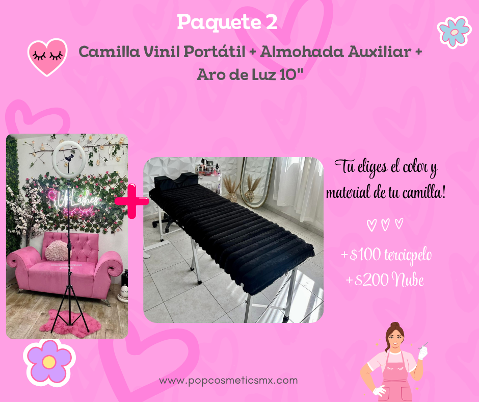 Camilla portátil vinil + almohada auxiliar + aro luz 10"
