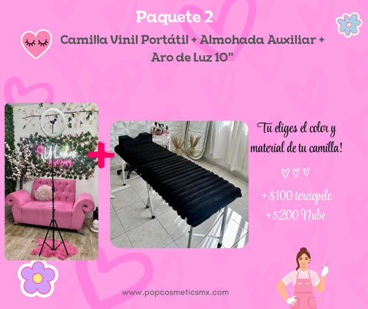 Camilla portátil vinil + almohada auxiliar + aro luz 10"