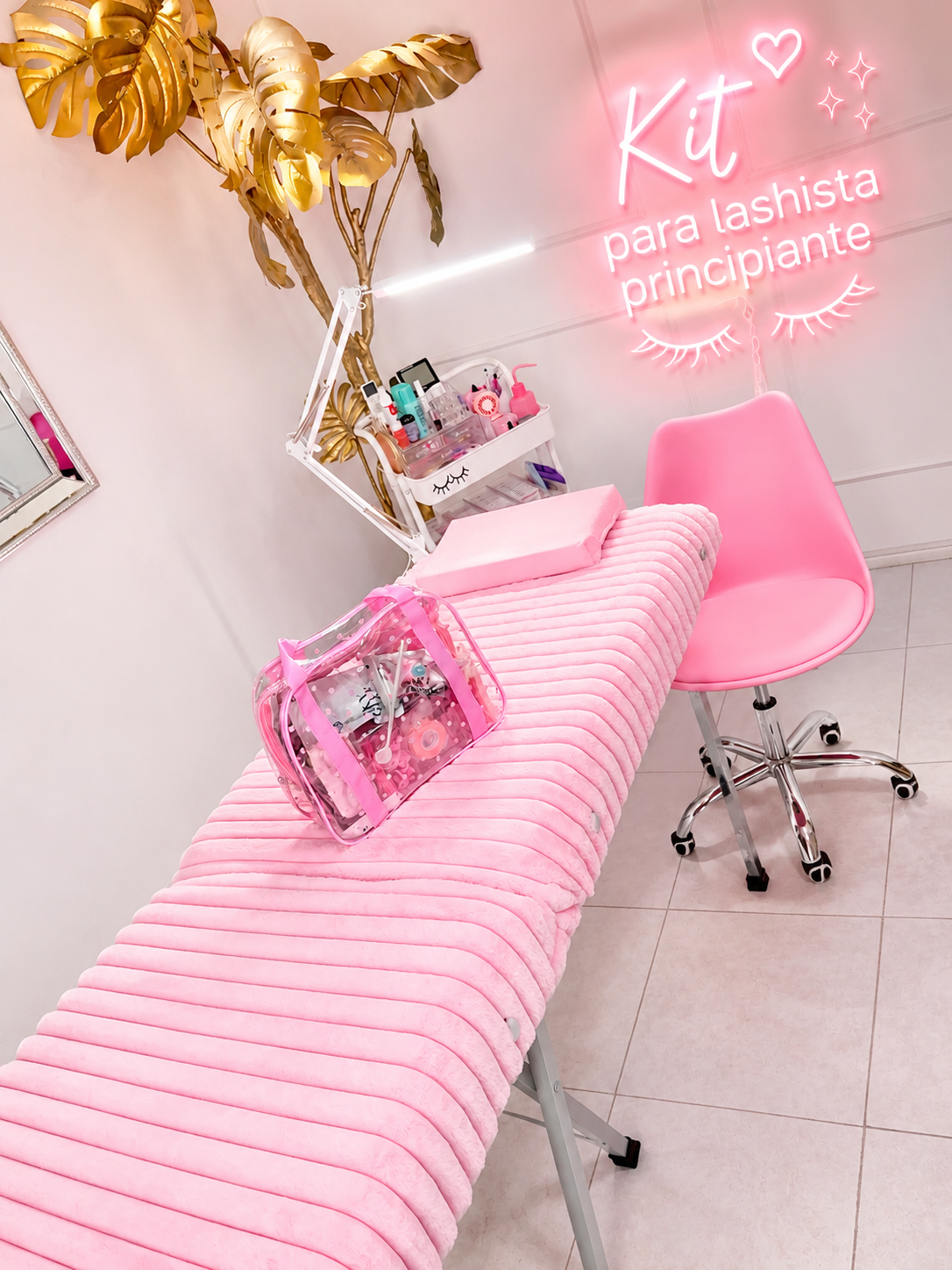Kit para Lashista Principiante con Camilla Portátil, Almohada y Kit de Insumos Profesional